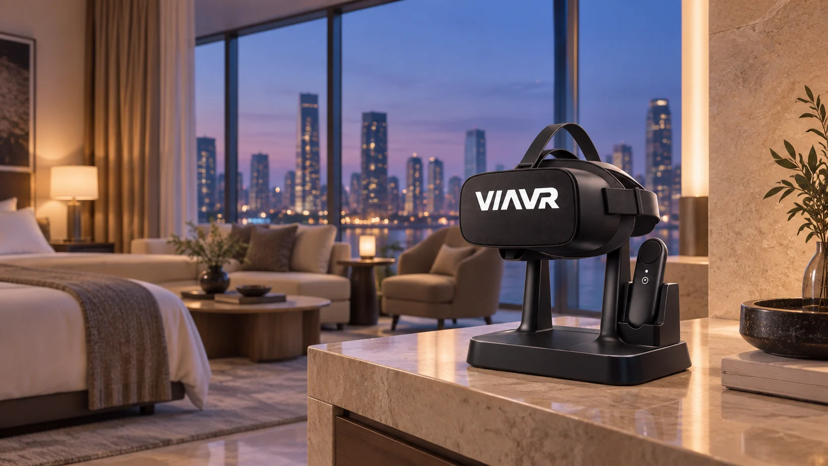 VIAVR headset and controller in a hotel suite